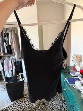 Cotton On Black Ribbed Lace-Trim Cami